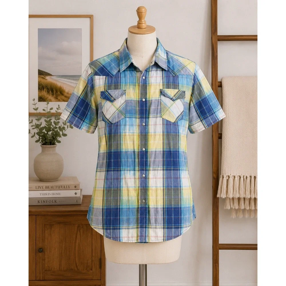 Levis Mens XXL Short Sleeve Western Pearl Snap Plaid Shirt Blue Yellow